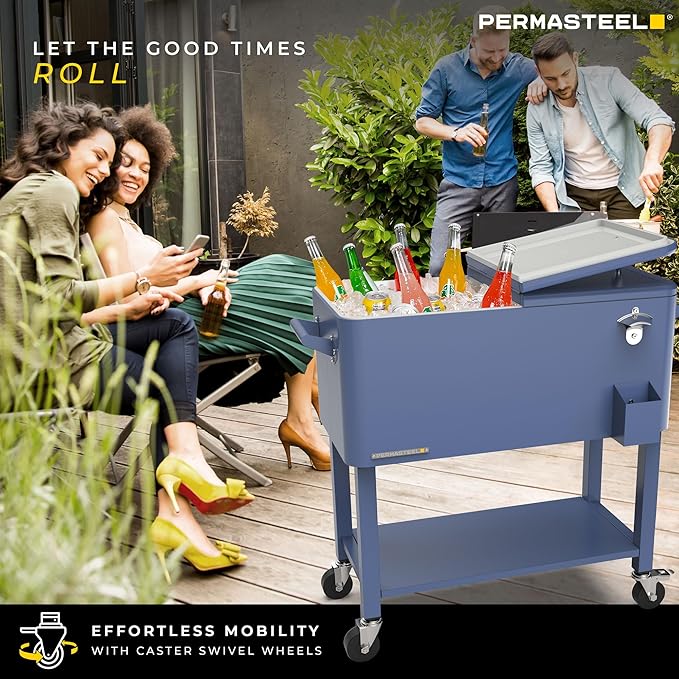 Permasteel 80-Qt Outdoor Patio Cooler with Removable Basin, Outside Beverage Cooler Cart, Rolling Cooler with Wheels and Handles, Azure Blue