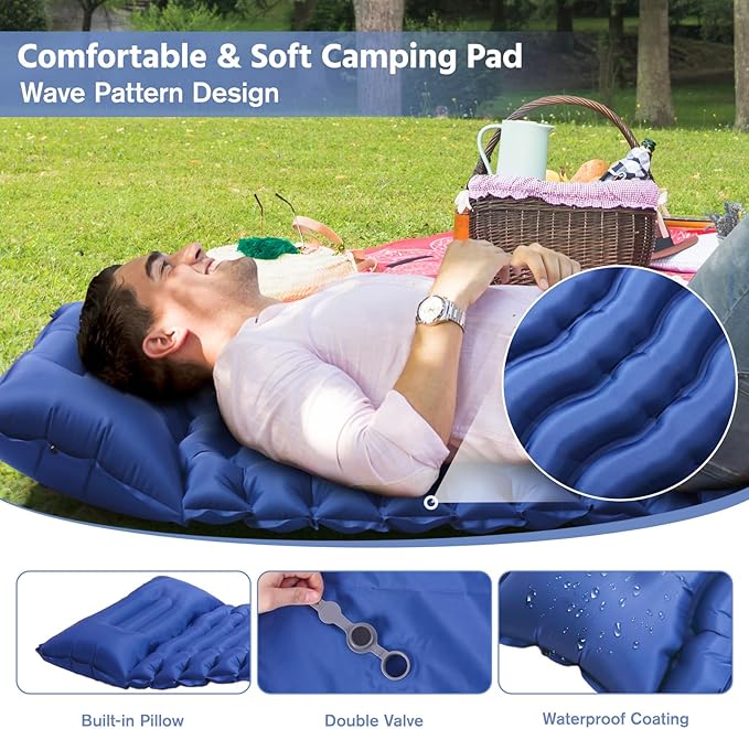 Sleeping Pad for Camping -Ultralight Inflatable Sleeping Mat with Pillow, Built-in Foot Pump, Compact & Lightweight Camping Mattress Pad for Camp, Backpacking, Hiking, Travel Tent (Blue)