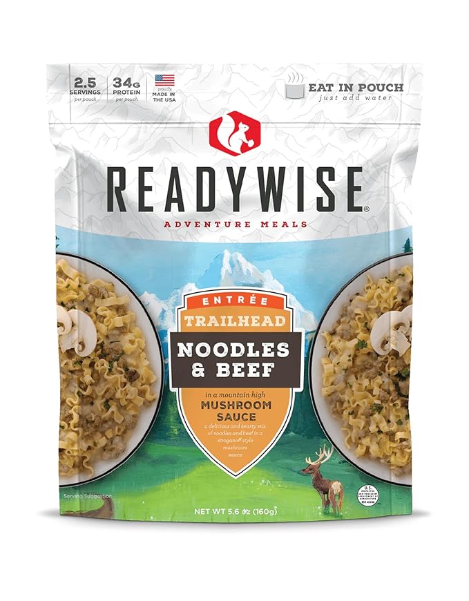 READYWISE - Adventure Meal, Noodles & Beef With Mushroom Sauce, 2 Servings, Pack of 1, Emergency Preparedness, Freeze Dried Food, MRE, Snack Pack or Emergency Food, Backpacking, Camping, Hiking, and,