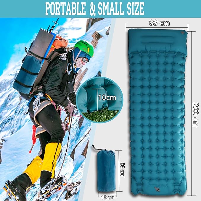 Camping Sleeping Pad, 4 Inch Inflatable Air Mattress Camping with Pillow Carry Bag, Backpacking Sleeping Mat Built-in Foot Pump Waterproof Sleeping Pad for Hiking,Camping, Traveling (Navy Blue)