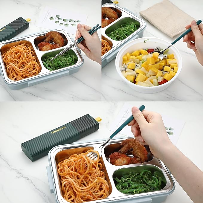 DEVICO Travel Utensils with Case, Stainless Steel Reusable Camping Silverware Set for Lunch Box, Portable Cutlery Kit Includes Fork, Spoon, Chopsticks (Dark Green)