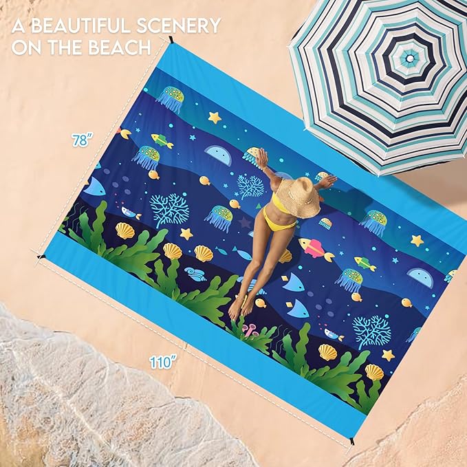 BYDOLL Beach Blanket Waterproof Sandproof 78''×81'' 1-7 Adults Oversized Lightweight Large Picnic Mat Waterproof Sandproof Blanket for Beach