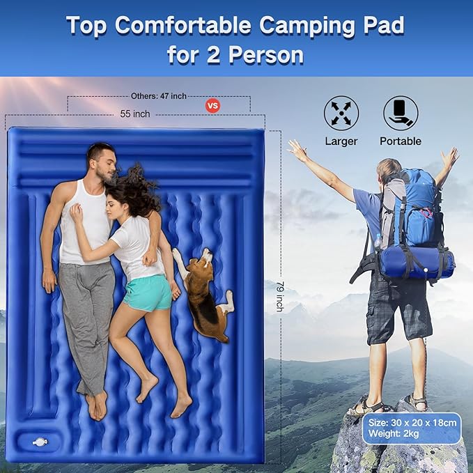 Double Sleeping Pad Camping, Self Inflating 5'' Extra-Thick 2 Person Pillow Built-in Foot Pump Waterproof Inflatable Sleeping Mat Backpacking, Tent, Hiking, Portable Camping Pad (Navy Grey)