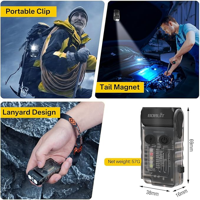 BORUIT V20 LED Small Powerful EDC Flashlight with 365nm UV Light,180°Head Swivels,USB C Rechargeable 1000 LM Mini Pocket Keychain Flash Light with Clip-13 Mode,IP67,Magnetic,110DB Buzzer(Black)