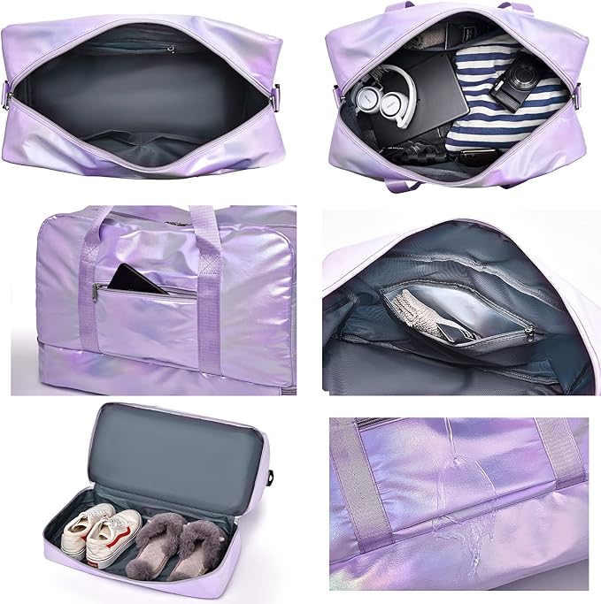 Travel Bag, Gym Bag for Women, Weekender Bags for Women, 40 L Waterproof Duffel Bag, with Shoe and Wet Compartments, Perfect for Gym,Overnight and Travel Use (Purple)