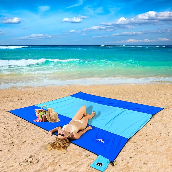Beach Blanket Sandproof, Extra Large Beach Mat, Sand Free Mat Quick Drying, Lightweight, Soft & Durable Mat for Beach, Yard (Blue & Sky Blue, 6.6 x 6.6 FT (1~4 Person))