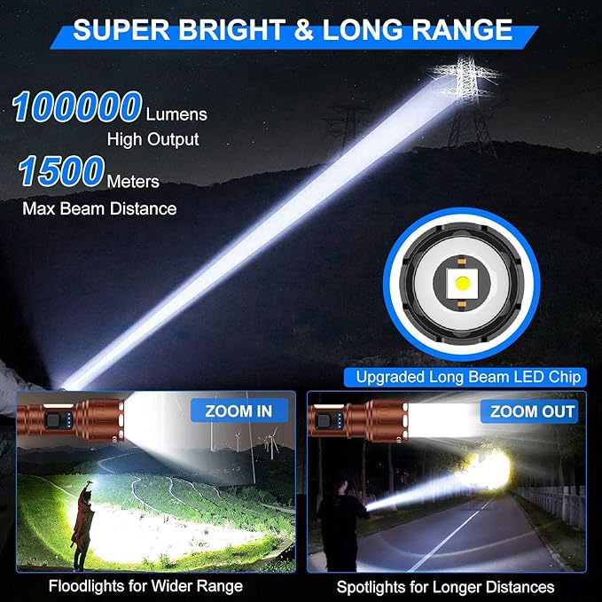 Rechargeable Magnetic Flashlights 100,000 High Lumens, Super Bright LED Powerful Flashlight 8 Modes with COB Work Light, Waterproof Handheld Flash Light for Camping (1 Pack with Paper Box, Brown)