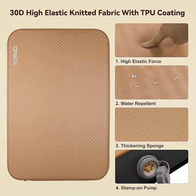 UPWELL Self Inflating Sleeping Pad 4.5" Thickness Camping Mattress with Solid Foam Portable Fast Inflation for Outdoor Double Sleeping Mat Portable Roll Up Bed Brown&Black