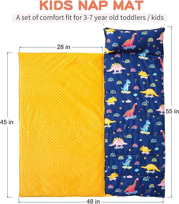 Bunnikins & Clover Toddler Nap Mat with Removable Pillow, Nap Mats for Preschool, Easy Clean Toddler Nap Pad for Kindergarten, Kids Sleeping Bag for Travel Camping