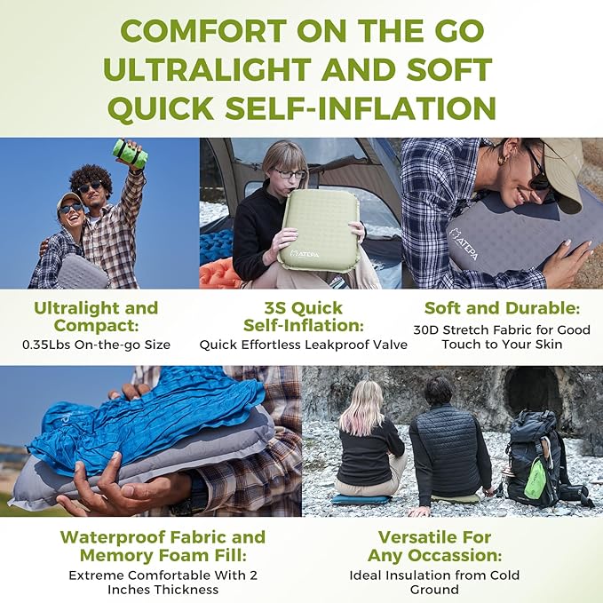 ATEPA Inflatable Stadium Seat Cushion, Self-Inflating Memory Foam Stadium Seats Camping Accessories Chair Pad for Outdoor Airplane Travel Bleacher Patio Backpacking