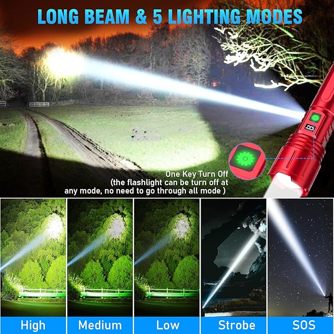 Flashlights 20000 High Lumens Rechargeable - 1500 Meters Long Beam Super Bright LED Flash Light with Power Display & IPX5 Waterproof for Camping, 20H Runtime,5 Modes,Zoomable Handheld Flashlight -Red