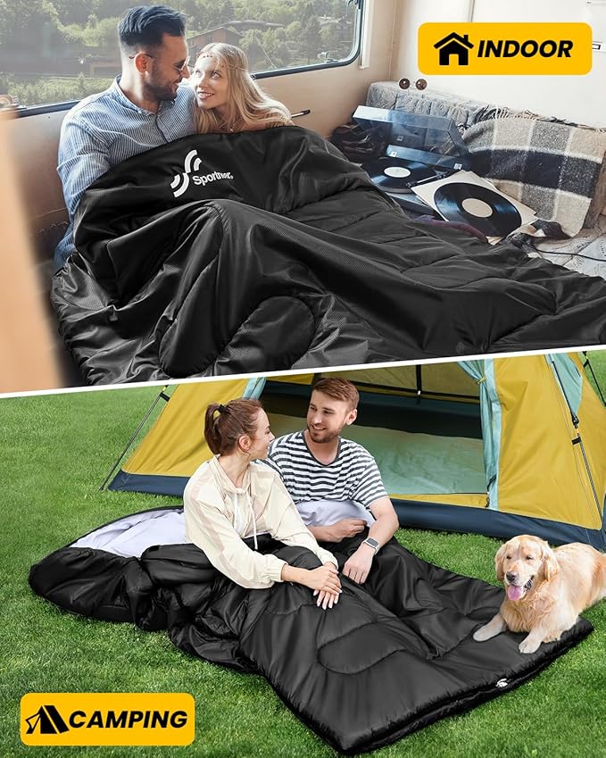 Sportneer Double Sleeping Bag for Adults with 2 Pillows, Queen Size Two Person Sleeping Bag for All Season, 2 Person Sleeping Bags for Cold Weather Camping Hiking Backpacking