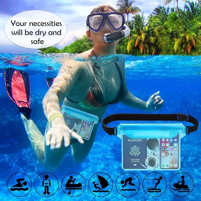 Hatisan Waterproof Pouch with Waist Strap, Waterproof Fanny Pack Keep Phone Valuables Safe and Dry Beach Accessories for Vacation Boating Swimming Snorkeling Kayaking Pool(2 Pack,Blue+Pink)