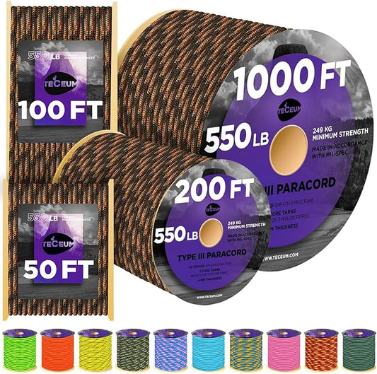 TECEUM Heavy Duty Rope 1000 – 1000ft / 200ft / 100ft / 50ft – 40+ Colors – Utility Rope for Survival & Camping Gear – Nylon String, Camping Rope, para Cord, Utility Nylon Rope, Tent Cord