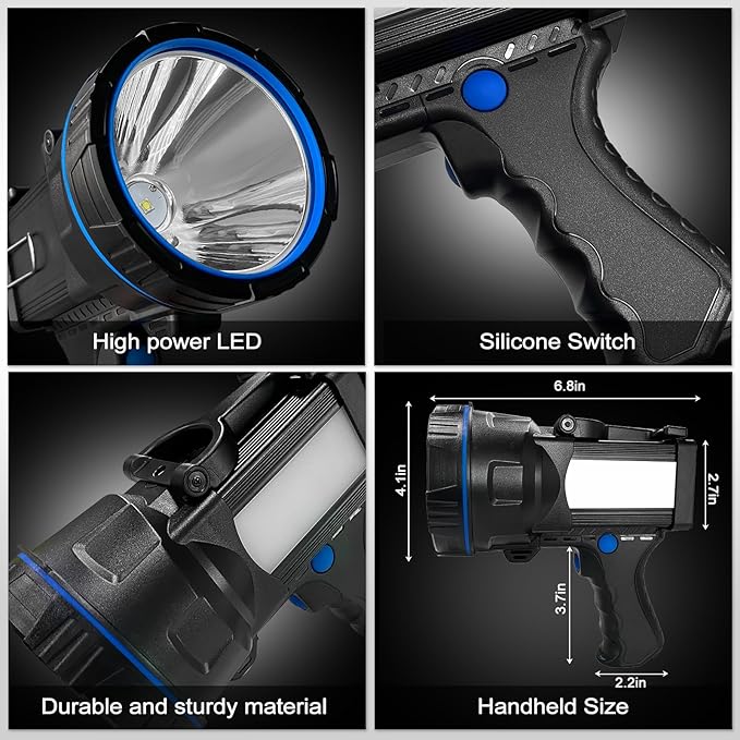 Rechargeable Spotlight Flashlight, Super Bright 1000000 lumens Waterproof Hand held Spot Lights, Long Range Large Hunting Lamp Searchlight, LED Flashlight with COB Light for Camping