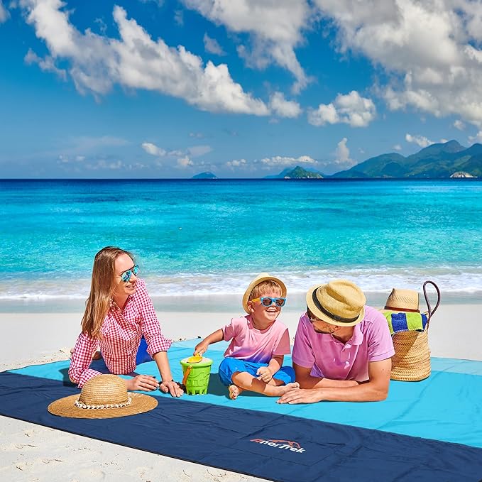 Beach Blanket Sandproof, Extra Large Beach Mat, Sand Free Mat Quick Drying, Lightweight, Soft & Durable Mat for Beach, Yard (Sky Blue & Blue & Dark Blue, 6.6 x 6.6 FT (1~4 Person))