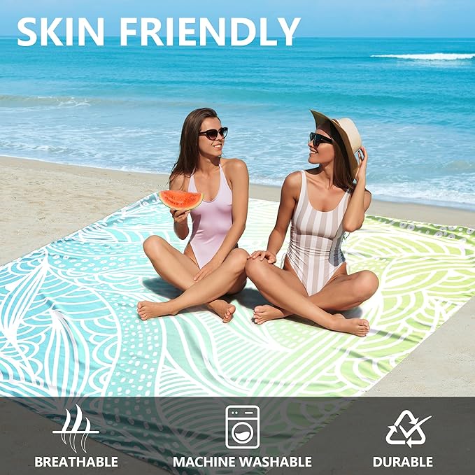 Beach Blanket Waterproof Sandproof Beach Mat 79βx 83β for 1-4 Adults Quick Drying Durable Outdoor Picnic Mat for Beach Festival Travel Camping Hiking (Gradiant BL&GN-Ripple, 79"Γ83"(4 Person))