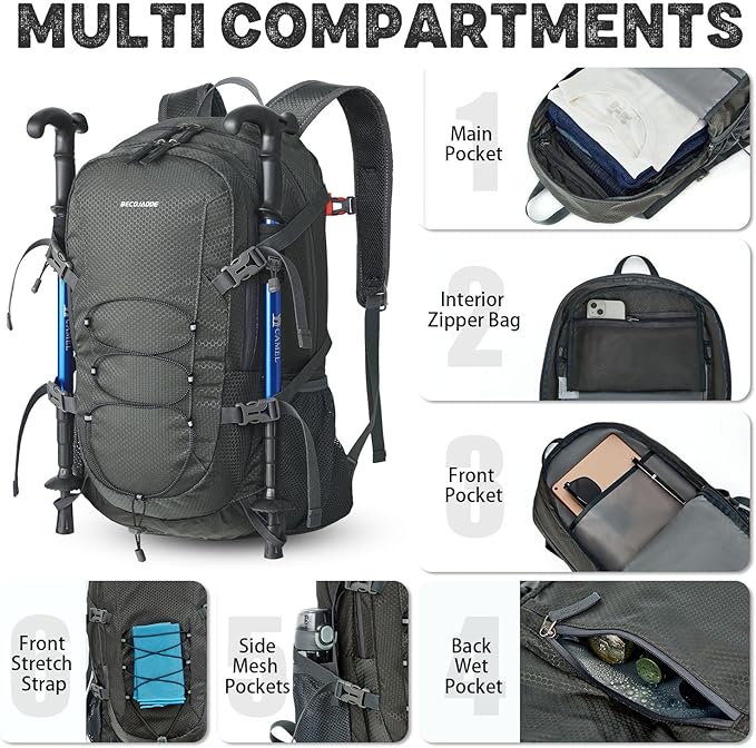 40L Lightweight Hiking Backpack Travel Packable Daypack for Women and Men, Grey