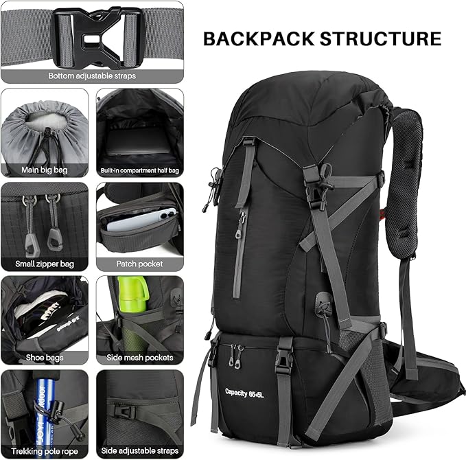 OKYUK 70L Hiking Backpack, Camping Hiking Back Pack, Water Resistant Lightweight Mountain Climbing Bag, Outdoor Camping Sport Daypack with Rain Cover, for Travel, Touring, Cycling (Black, 70L)