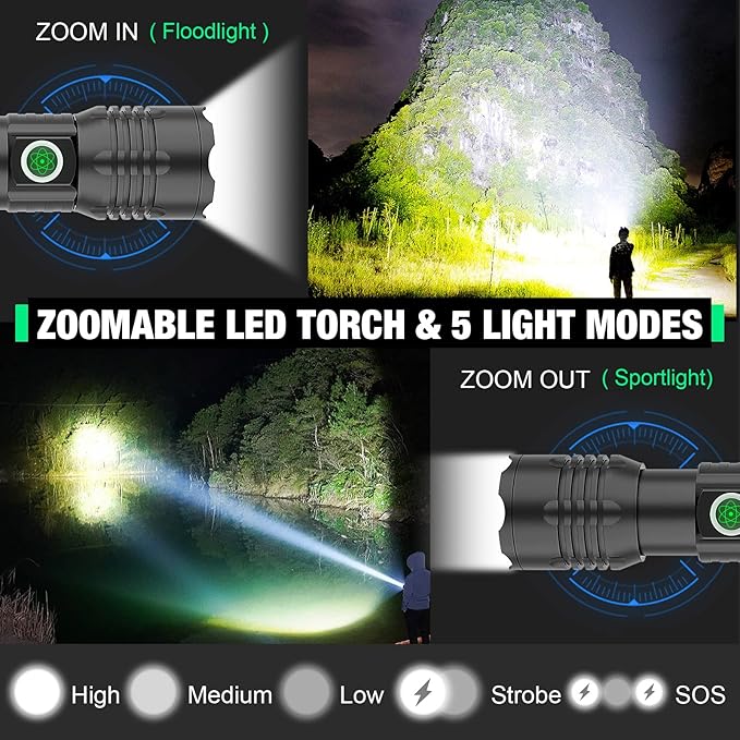 Tactical Flashlight XHP50.2 LED, 8000 Lumens, 5000mAh Battery Included, Rechargeable, Zoomable, Water Resistant, Non-slip grip, Pocket-Sized, Impact resistant, Overcharge protection
