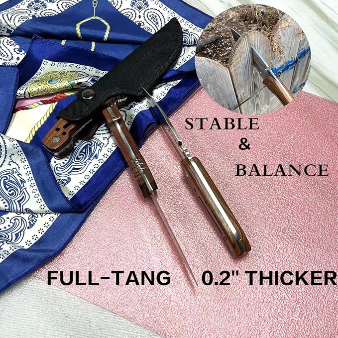 HelloWZXD Bushcraft Knife Full Tang Bush Knife - 0.2’’ Thick Fixed Blade Knife Stainless Steel - 9” Camping Knife w Sheath - Survival Hiking Hunting Camping Knives & Bushcraft Tool, wood