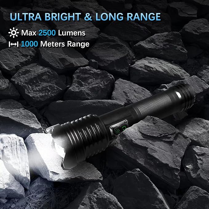 ULTRAFIRE Rechargeable Flashlight 2500 High Lumens, Super Bright LED Tactical Flashlights, 5 Light Modes Zoomable IP65 Waterproof Brightest Flashlight with COB Light