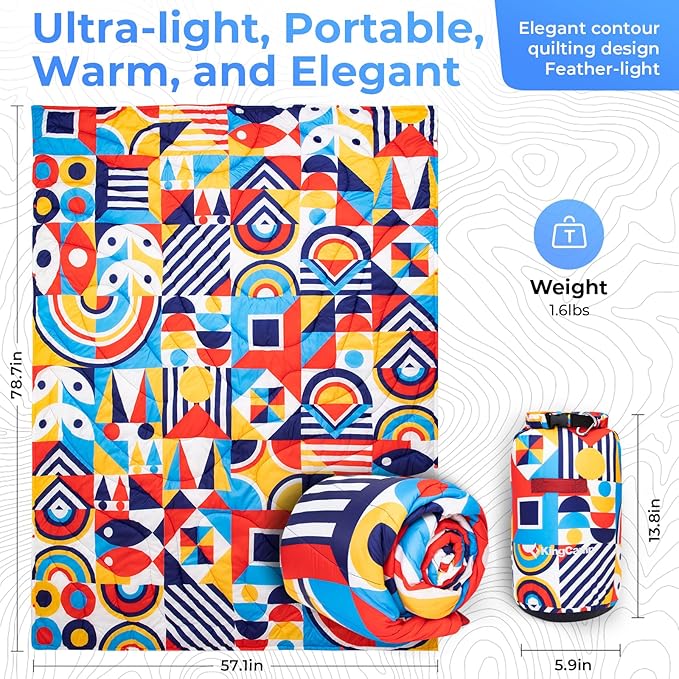 KingCamp Lightweight Camping Blanket - Down Alternative Puffy Printed Camping Quilt - Portable for Travel, Picnic, Hiking, Stadium, Airplane - 79" x 57" (Festival)