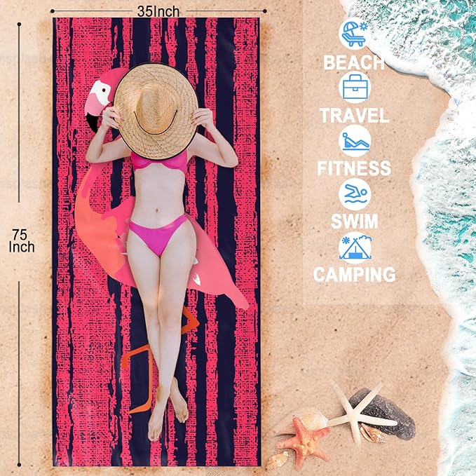 Bnuitland Flamingo Pattern Beach Towel (35X75 inches), Oversized Quick Drying Absorbent Sand Free, Cute Towels for Travel Swimming Pool Picnic, 88% Polyester and 12% Polyamide,Pink