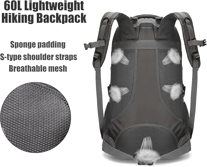 Yesland 60L Lightweight Hiking Backpack, Outdoor Sport Travel Daypack Camping Backpack Hiking Bag for Cycling, Hiking, Running, Climbing, Touring, Men, Women, Black