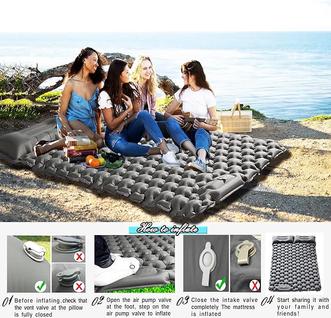 Camping Sleeping Pad,Camping Mattress 2 Person with Pillow Built-in Pump,Portable Sleeping Bed Compact for Camping Hiking Backpacking Outdoor(Grey-Full)