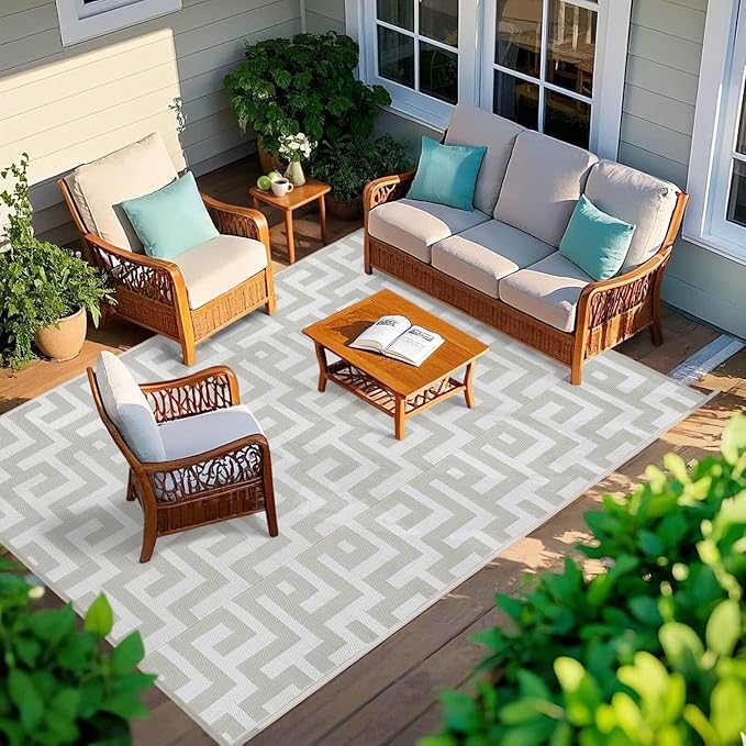 Outdoor Patio Plastic Straw Rug - 6'x9' Outdoor Camping Rug Waterproof Reversible, Area Carpet Patios Clearance RV, Outside Porch Balcony Deck for Camper, Grey & White