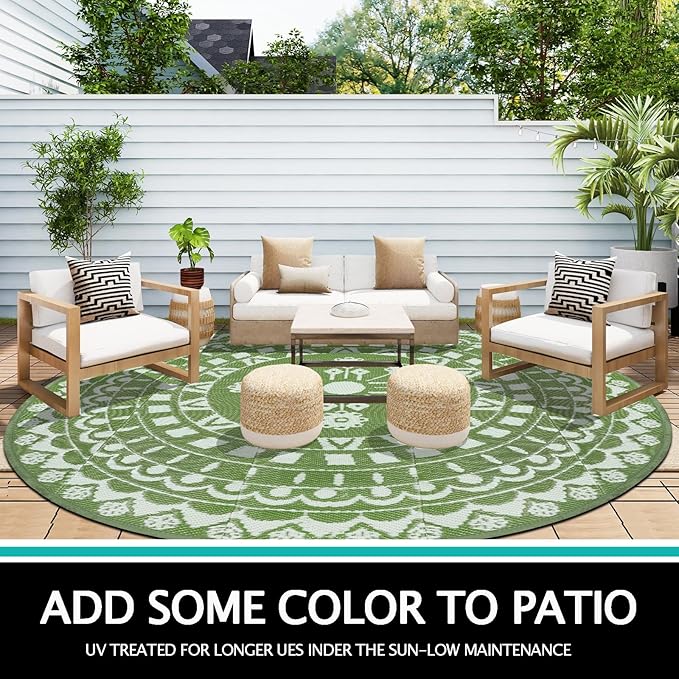Capslpad 8Ft Round Outdoor Rug for Patios Clearance Reversible Mat Plastic Straw Patio Rugs Lightweight RV Camping Mat Circle Outside Area Rug Carpet for Balcony Deck Trailer Picnic BBQ,Green