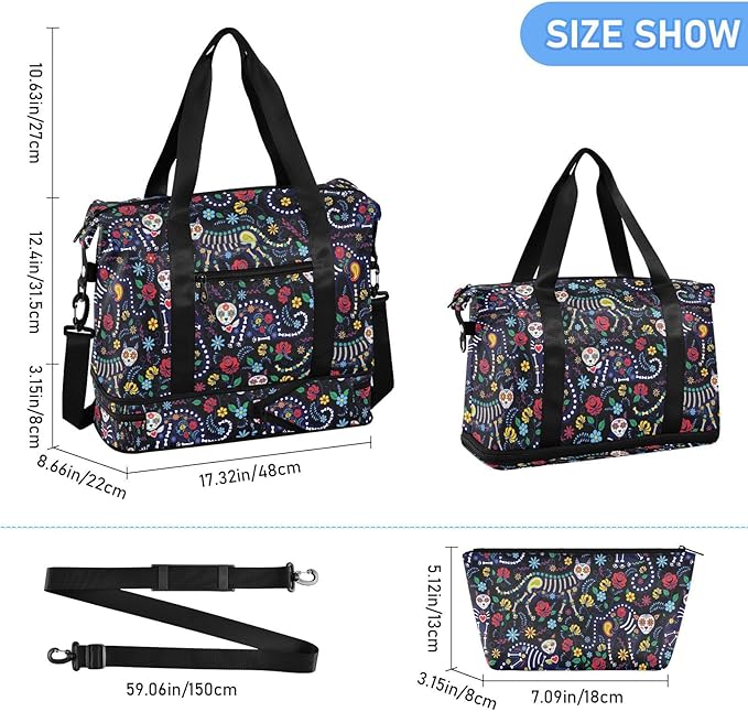 Skull Weekender Bag for Women, Cat Skull with Flowers Gym Sports Duffle Travel Tote with Toiletry Shoes Compartment Dry/Wet Separation Swim Bag