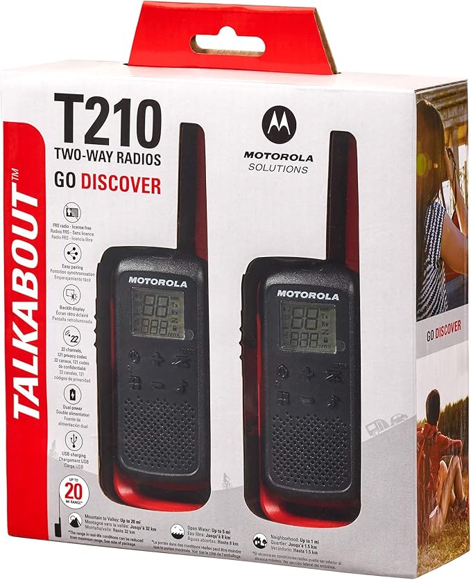 Motorola Solutions, Portable FRS, T210, Talkabout, Two-Way Radios, Rechargeable, 22 Channel, 20 Mile, Black W/Red, 2 Pack