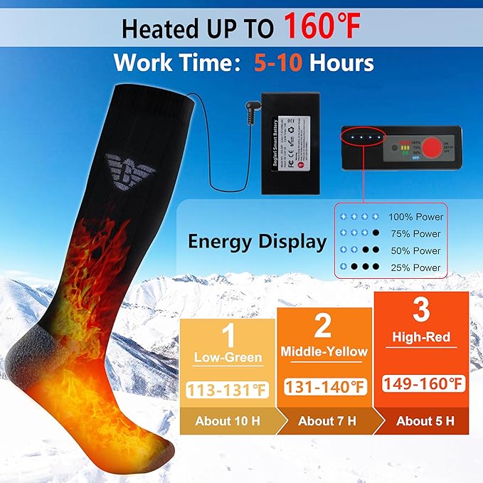 Heated Socks for Men Women - 160℉ / Work 5-10 H 7.4V Heating Socks Rechargeable for Hunting Camping Hiking