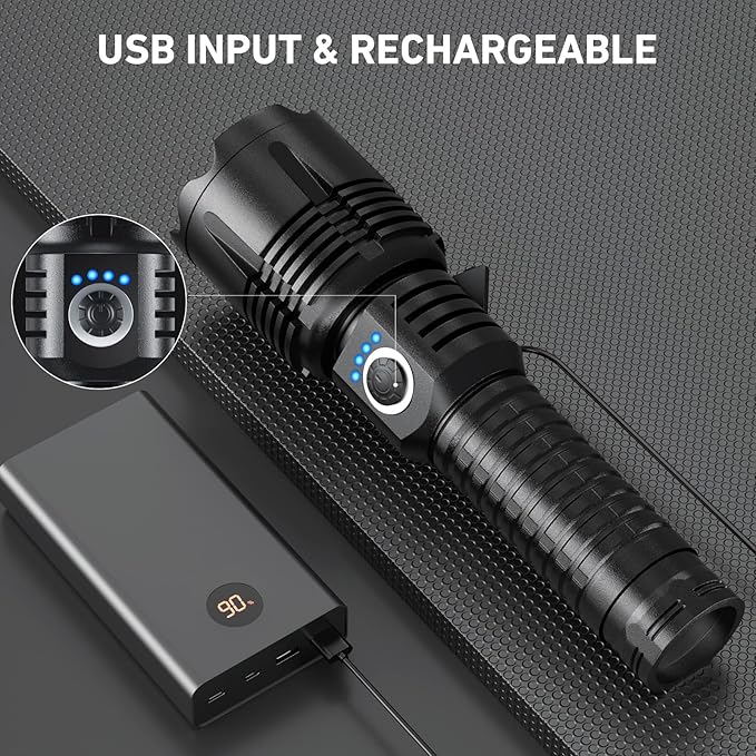 Flashlights High Lumens Rechargeable, 990,000 Lumens High Powerful Flash Lights, Super Bright Tactical Handheld Led Flashlight with 5 Modes, Waterproof for Camping,Emergencies