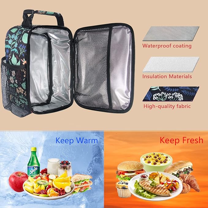 Hap Tim Insulated Lunch Bag Women, Reusable Lunch Box for Women & Men, Adluts Lunchbox for Office Work, Portable Lunchbag, Black Floral(18654-BF)