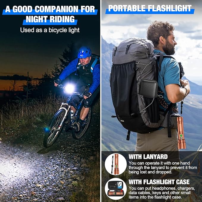 Flashlights High Lumens Rechargeable, 100000 Lumens Super Bright LED Powerful Flashlight, Type-C, 5 Modes, Zoomable, IPX5 Waterproof High Powered Tactical Flash Light for Emergency Camping,Brown