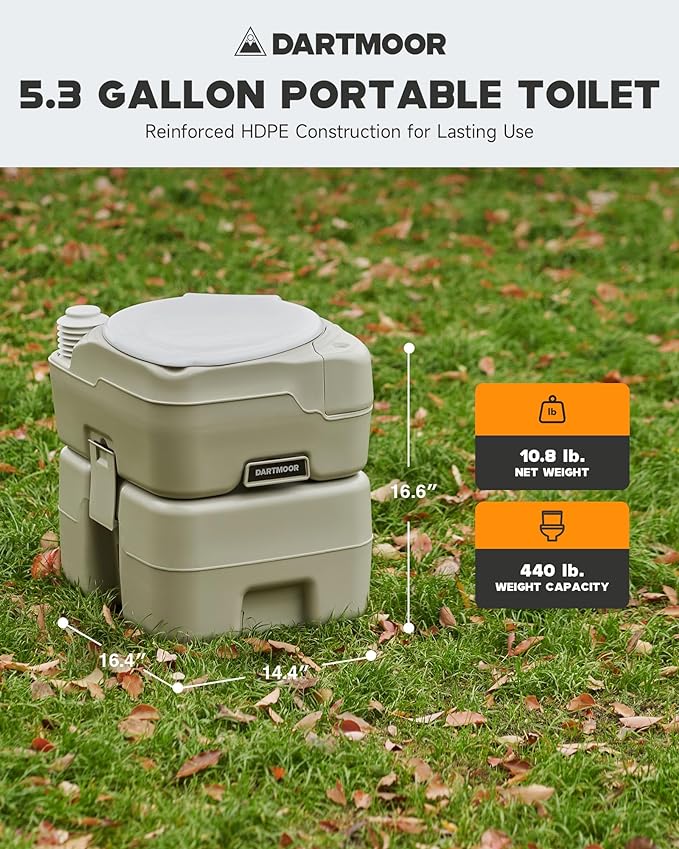 DARTMOOR Portable Toilet, 5.3 gal. RV Toilet for Camping, Outdoor Toilet with Diagonal Seating Storage Box & Built-in Handle, Lightweight HDPE Camping Toilet for Construction Site Road Trip Boating