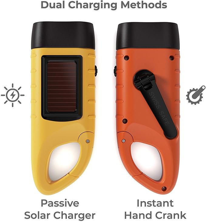 Swiss Safe Rechargeable Flashlight with Solar Power & Hand Crank : High Lumen LED's, Tactical Grip, Mini Keychain Carabiner for EDC & Outdoor Camping (Variety Pack)