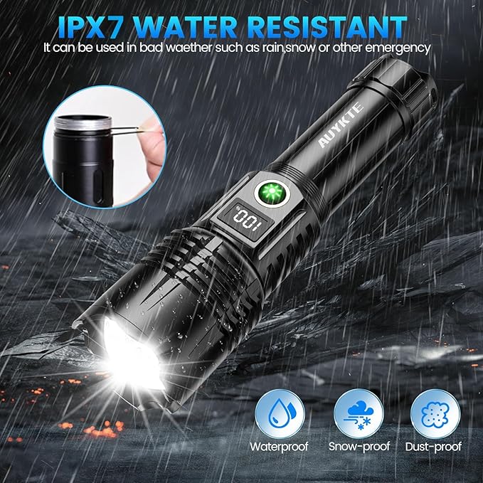 Rechargeable LED Flashlights, 250000 High Lumens, 5 Modes Zoomable, Super Bright Flashlight, Tactical Powerful IPX7 Waterproof Handheld Flash Light for Emergencies, Hiking, Camping