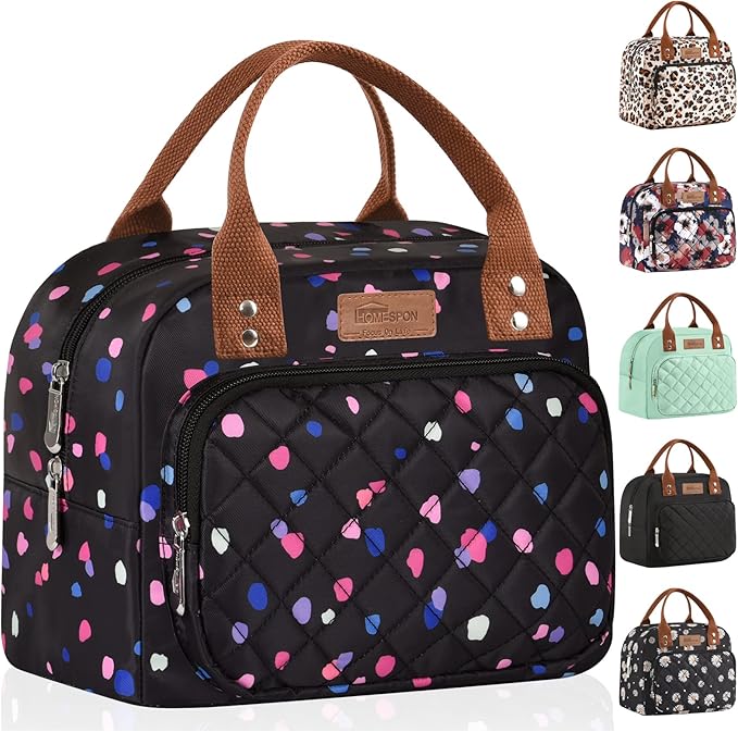 Buringer HOMESPON Lunch Bag for Woman Man Adults with Front Pocket Insulated Lunch Tote Lunch Box Container for Work Picnic or Travel(Multi Dots)