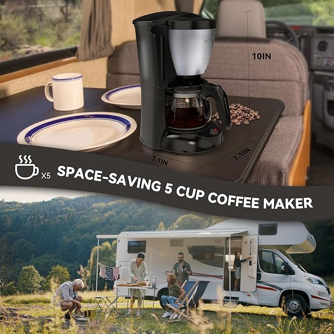 Portable Coffee Maker for Travel Camping Car, Ground Coffee Machine Single Serve with 5 Cup Glass Carafe for Traveling, RV, Office, Home and Dorm, 12V, Sliver Black