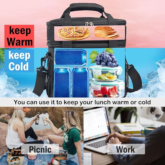 Lunch Box For Men/Women,Large Double-layer Insulated Expandable Reusable Leakproof Cooler Bags For Adults,Lunch Bag With Adjustable Shoulder Strap For Office Travel Picnic(Black)