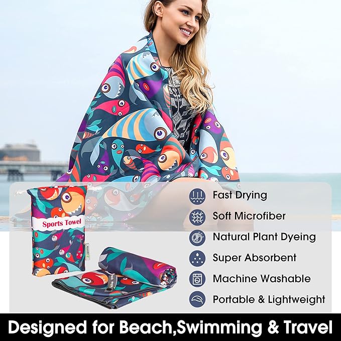 4Monster Microfiber Beach Towel Quick Dry,Super Absorbent Lightweight Travel Towel for Swimmers, Sand Free Camping Towel, Beach Towels for Pool, Swim, Water Sports,Yoga,Gym,Backpacking