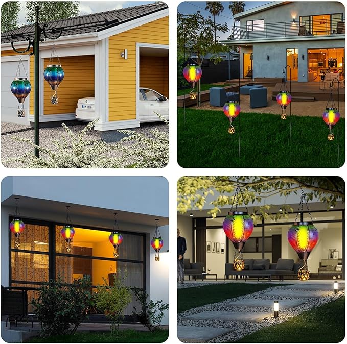 Solar Hot Air Balloon with Candle Holder - Waterproof Solar Lantern with Flickering Flame Metal & Glass Waterproof Lanterns for Garden Patio Pathway Yard Porch Decor Multi-Color