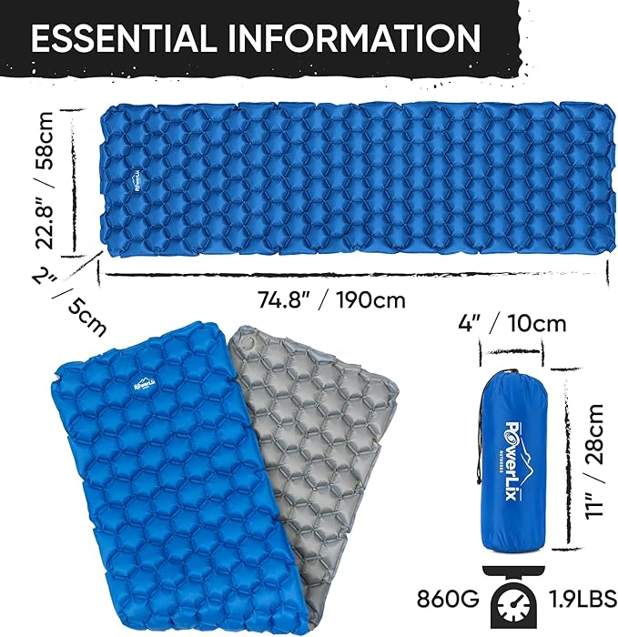 POWERLIX Ultralight Sleeping Pad for Camping with Inflating Bag, Carry Bag, Repair Kit – Compact Lightweight Camping Mat, Outdoor Backpacking Hiking Traveling Airpad Camping Air Mattress