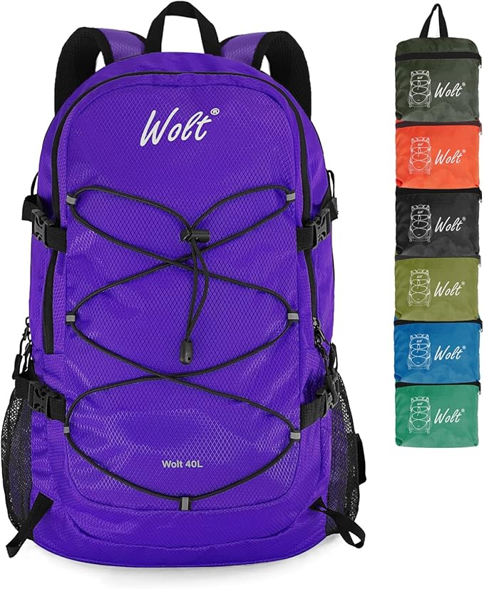 WOLT 40L Packable Travel Backpack, Foldable Lightweight Backpack for Men Women,Waterproof Hiking Bag for Outdoor Camping (Purple)