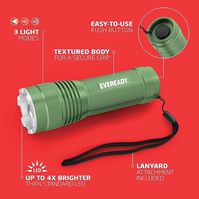 LED Tactical Flashlight by Eveready, Bright Rechargeable Flashlights for Emergencies and Camping Gear, Water Resistant EDC Flash Light, Pack of 2, Green