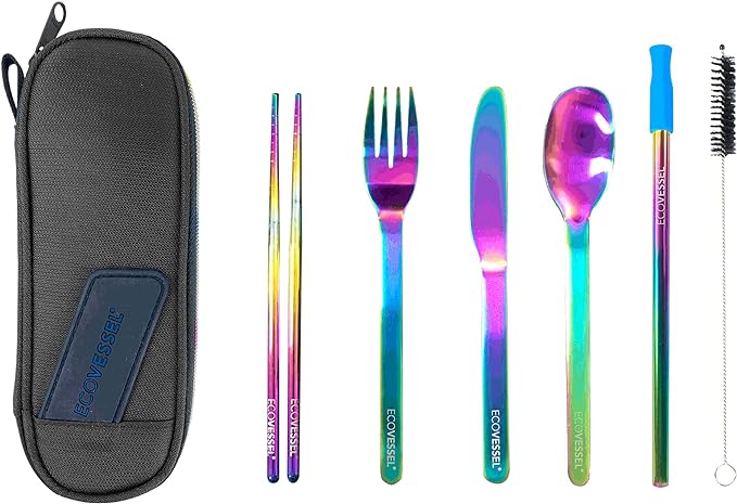 EcoVessel WANDERWARE Stainless Steel Utensils Set, Reusable Cutlery Set with Carry Case Camping Accessories, Travel Utensils With Case – 6 Pcs (Rainbow)
